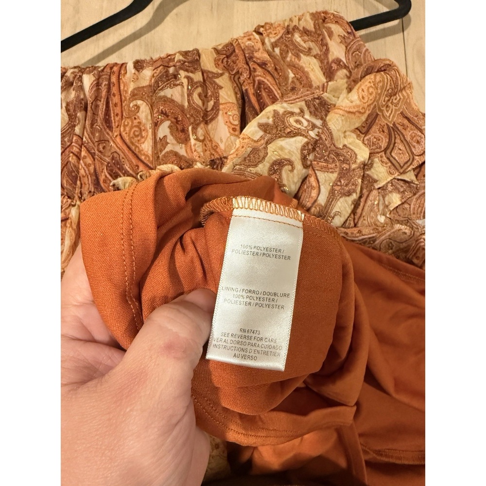 Taylor Paisley‎ Chiffon Maxi Dress Halter Ruffle Smocked Brown Orange Beige 10 - Picture 5 of 5
